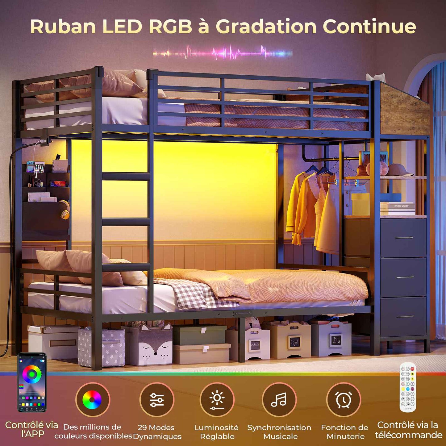 Lit superposé AOGLLATI 90 x 200 avec éclairage LED et 4 ports USB composé de 2 lits de 90 x 200 avec structure métallique doté de nombreux espaces de rangement