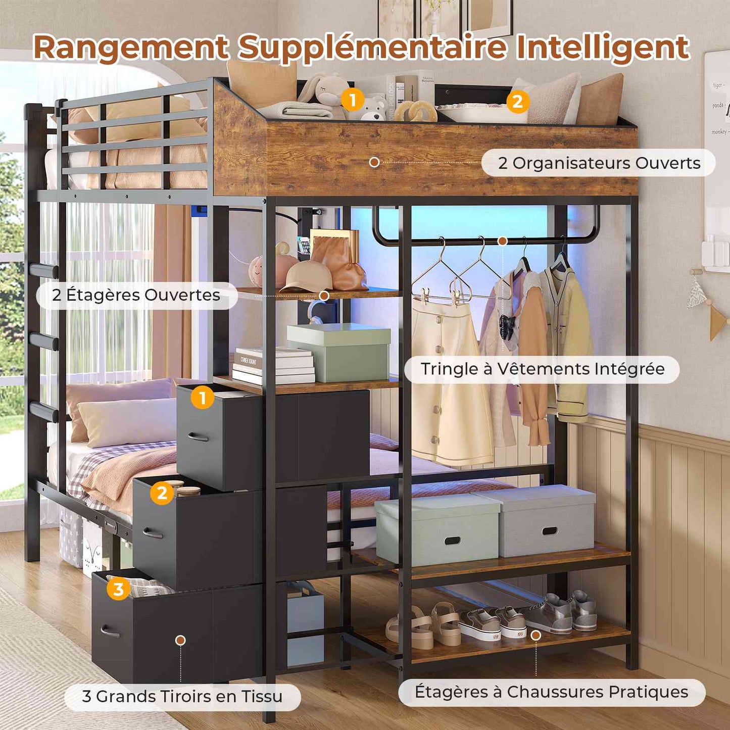 Lit superposé AOGLLATI 90 x 200 avec éclairage LED et 4 ports USB composé de 2 lits de 90 x 200 avec structure métallique doté de nombreux espaces de rangement