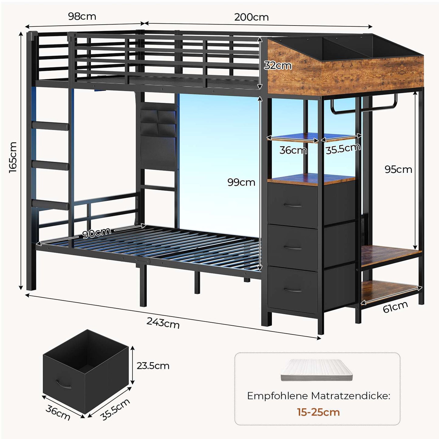 Lit superposé AOGLLATI 90 x 200 avec éclairage LED et 4 ports USB composé de 2 lits de 90 x 200 avec structure métallique doté de nombreux espaces de rangement