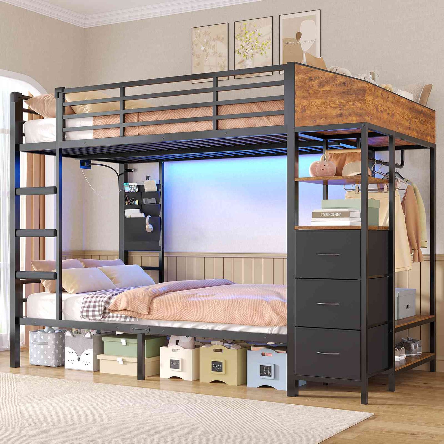 Lit superposé AOGLLATI 90 x 200 avec éclairage LED et 4 ports USB composé de 2 lits de 90 x 200 avec structure métallique doté de nombreux espaces de rangement