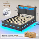 AOGLATI Lit coffre 140x190 avec rangement hydraulique et LED 270° Lit double avec multiprise Tête de lit rembourrée avec rangement
