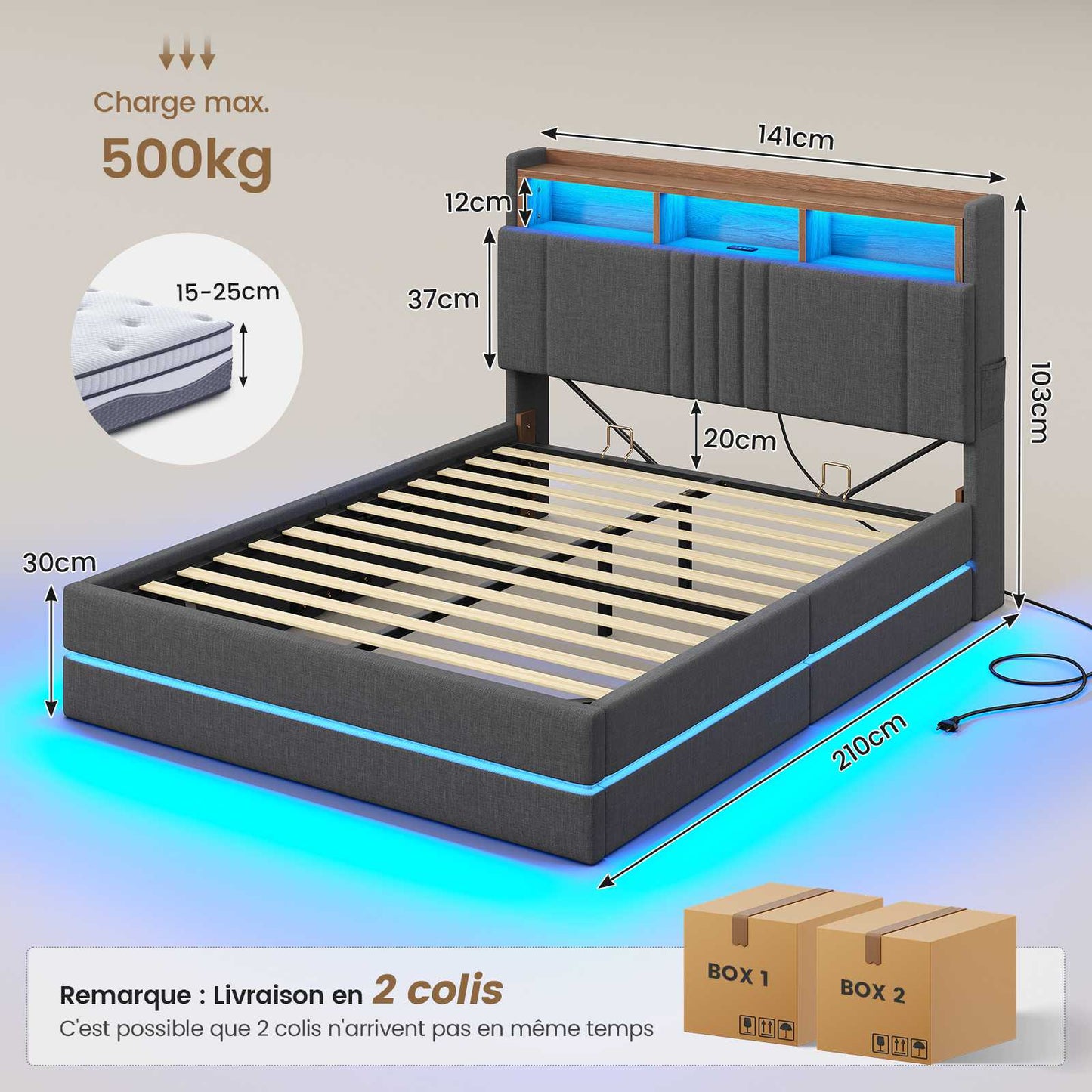AOGLATI Lit coffre 140x190 avec rangement hydraulique et LED 270° Lit double avec multiprise Tête de lit rembourrée avec rangement