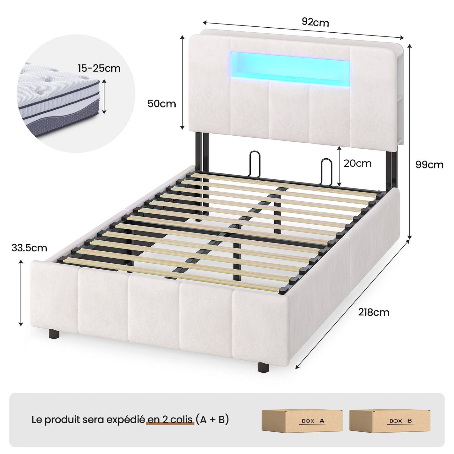AOGLLATI Lit Coffre 90×200 avec Rangement HydrauliqueÉclairage LED et Multiprise Lit 1 Personne avec Tête de Lit à Rangement Capitonné en Velours Beige