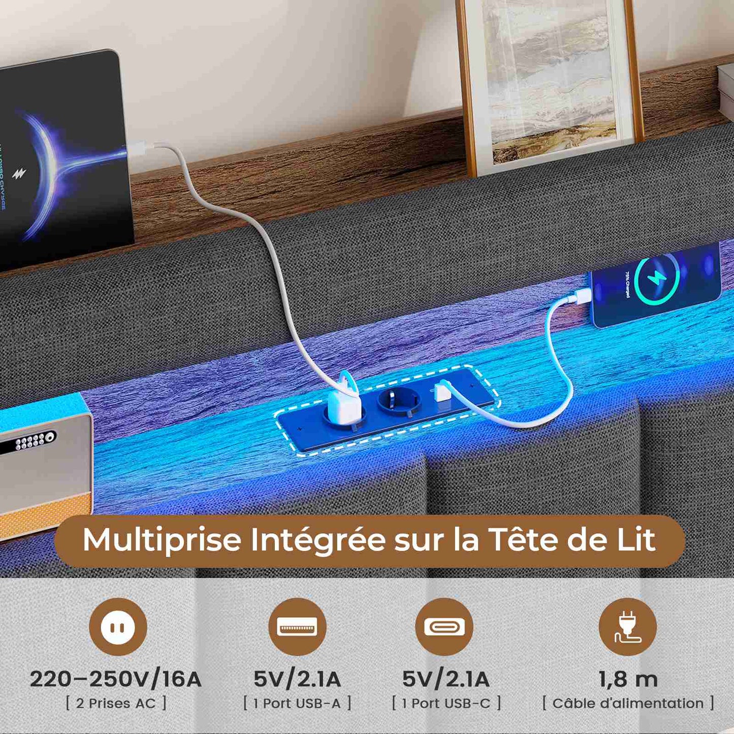 AOGLLATI Lit Coffre 90×200 avec Rangement HydrauliqueÉclairage LED et Multiprise Lit 1 Personne avec Tête de Lit à Rangement Capitonné en Velours Beige