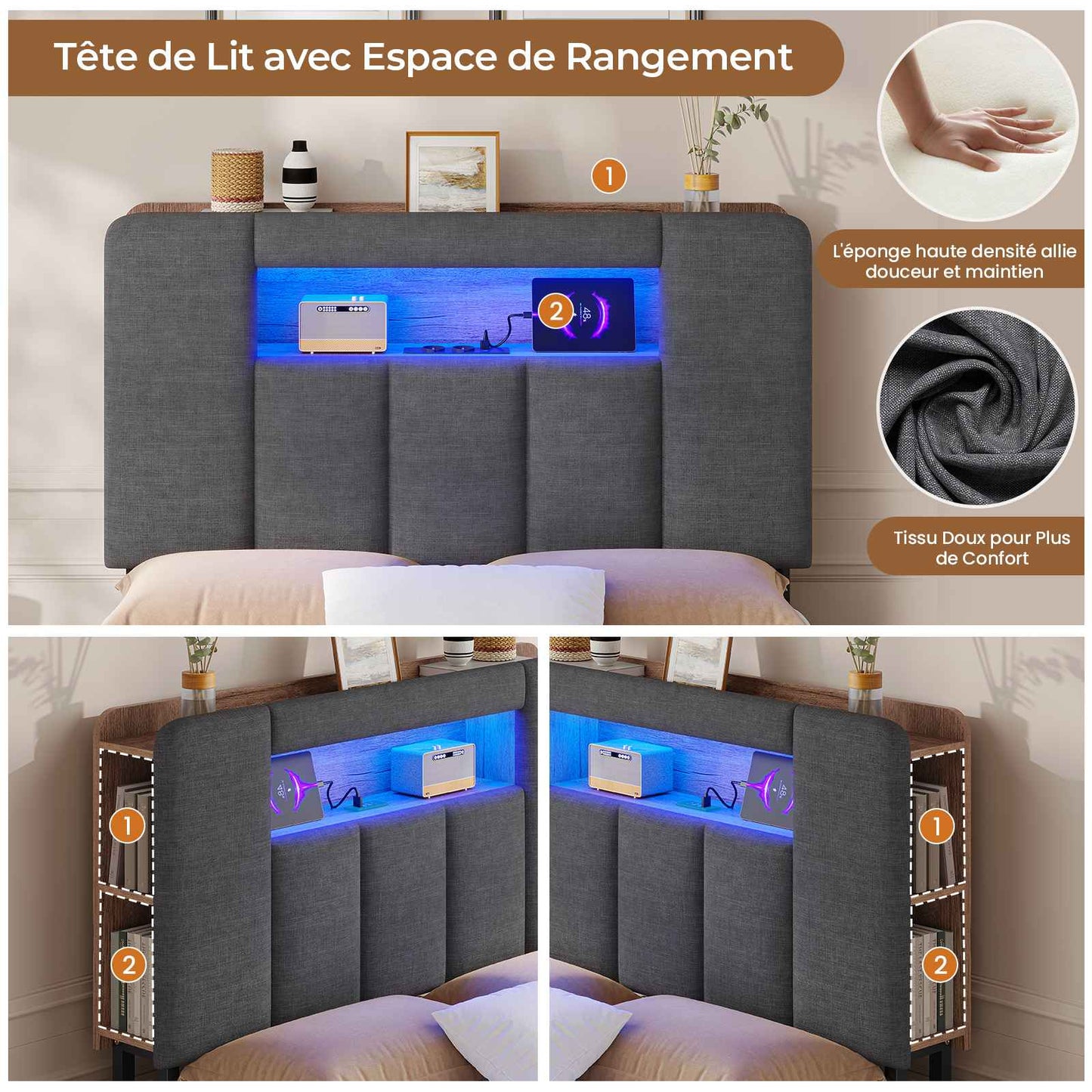 AOGLLATI Lit Coffre 90×200 avec Rangement HydrauliqueÉclairage LED et Multiprise Lit 1 Personne avec Tête de Lit à Rangement Capitonné en Velours Beige