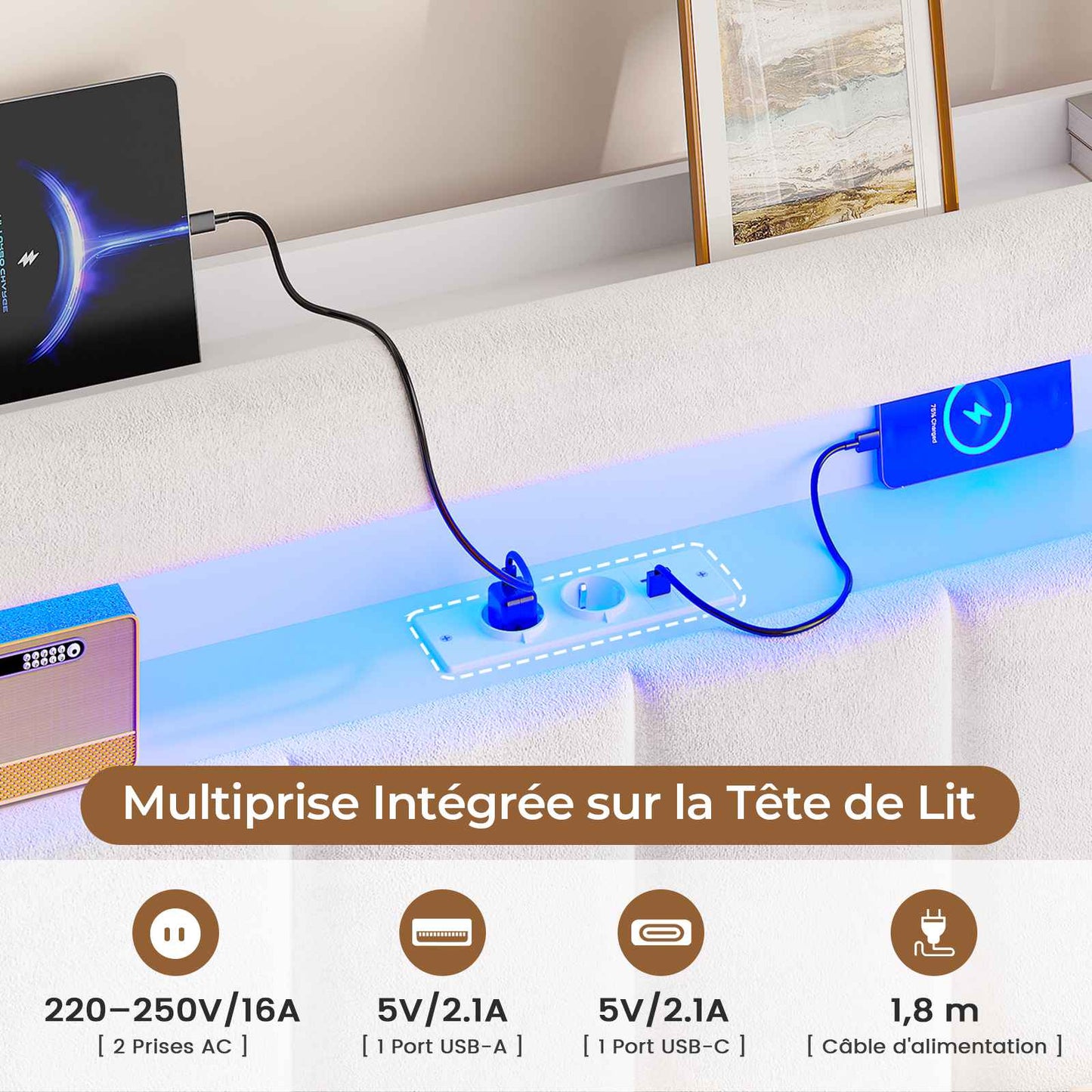 AOGLLATI Lit Coffre 90×200 avec Rangement HydrauliqueÉclairage LED et Multiprise Lit 1 Personne avec Tête de Lit à Rangement Capitonné en Velours Beige