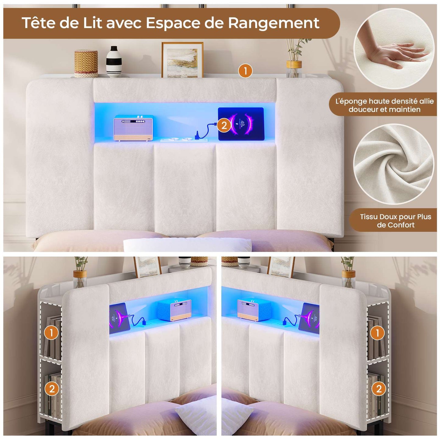 AOGLLATI Lit Coffre 90×200 avec Rangement HydrauliqueÉclairage LED et Multiprise Lit 1 Personne avec Tête de Lit à Rangement Capitonné en Velours Beige