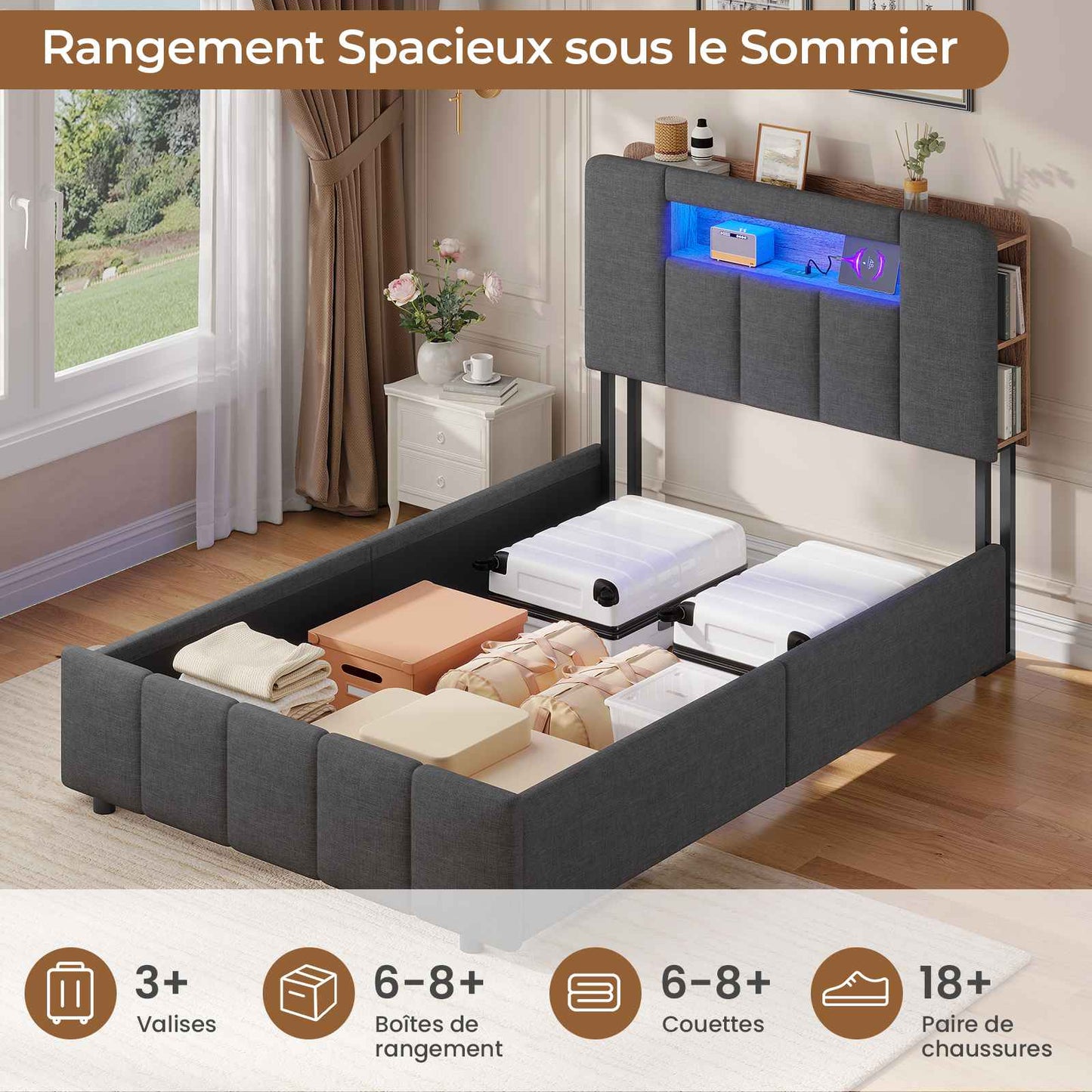 AOGLLATI Lit Coffre 90×200 avec Rangement HydrauliqueÉclairage LED et Multiprise Lit 1 Personne avec Tête de Lit à Rangement Capitonné en Velours Beige