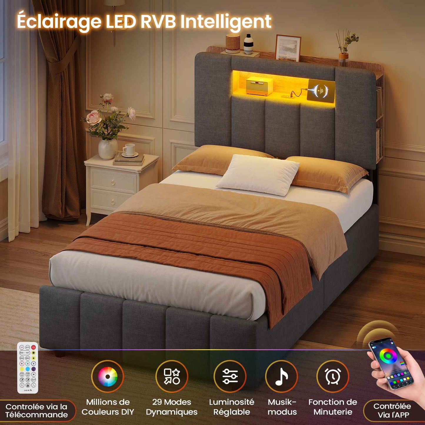 AOGLLATI Lit Coffre 90×200 avec Rangement HydrauliqueÉclairage LED et Multiprise Lit 1 Personne avec Tête de Lit à Rangement Capitonné en Velours Beige