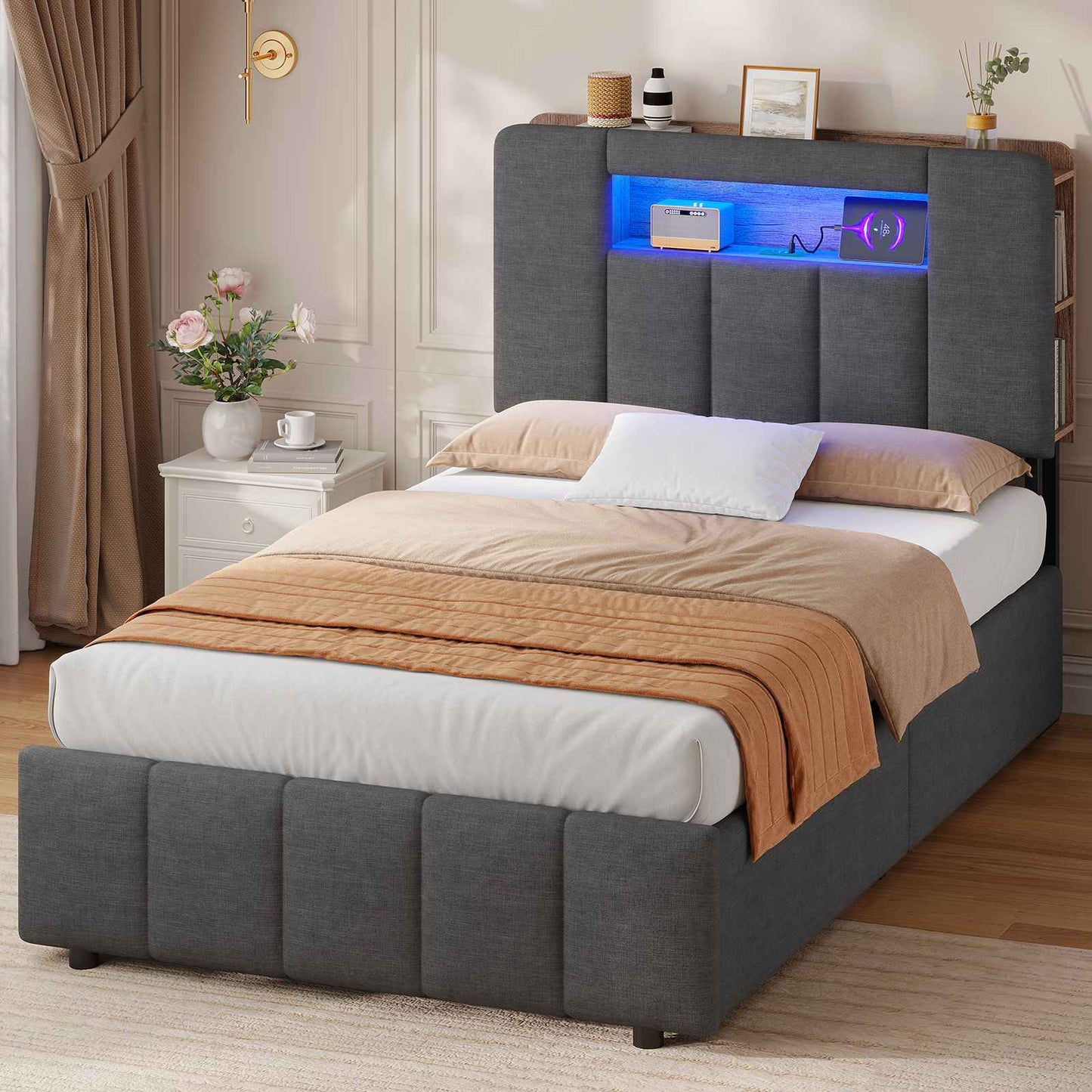 AOGLLATI Lit Coffre 90×200 avec Rangement HydrauliqueÉclairage LED et Multiprise Lit 1 Personne avec Tête de Lit à Rangement Capitonné en Velours Beige