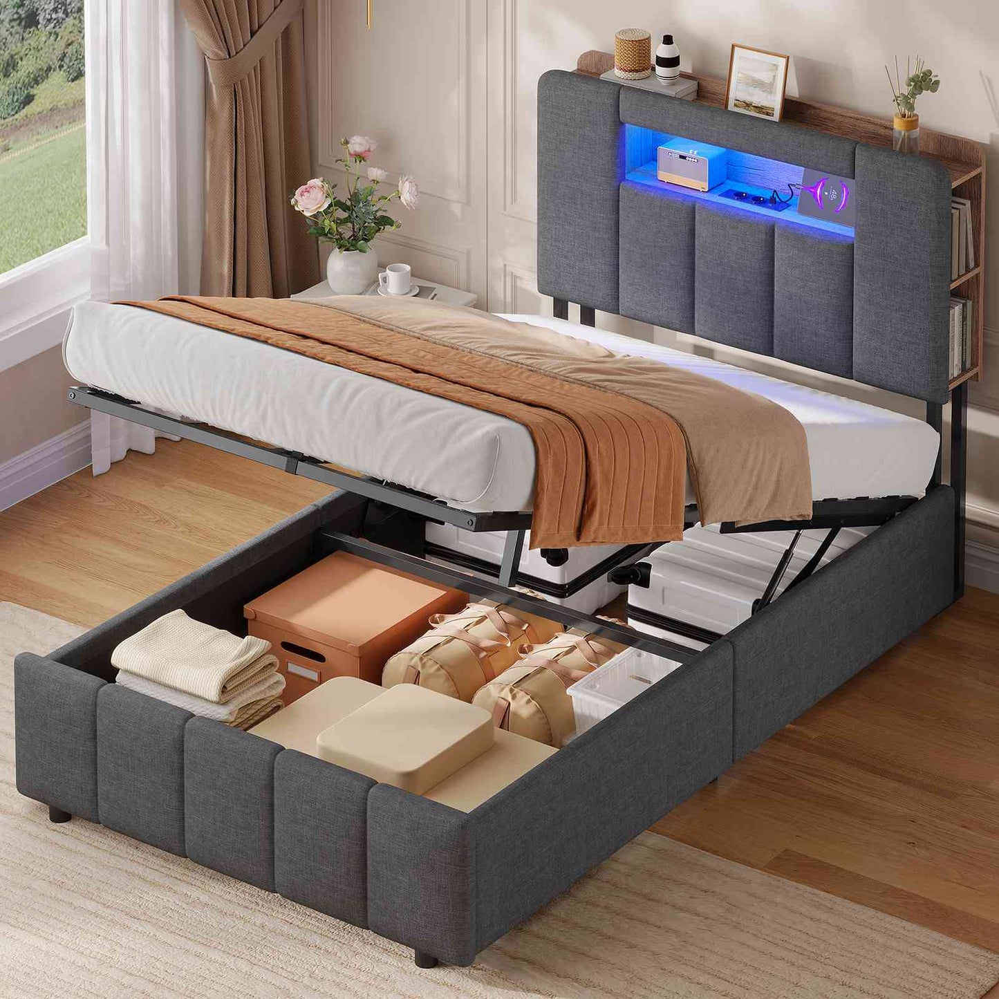 AOGLLATI Lit Coffre 90×200 avec Rangement HydrauliqueÉclairage LED et Multiprise Lit 1 Personne avec Tête de Lit à Rangement Capitonné en Velours Beige