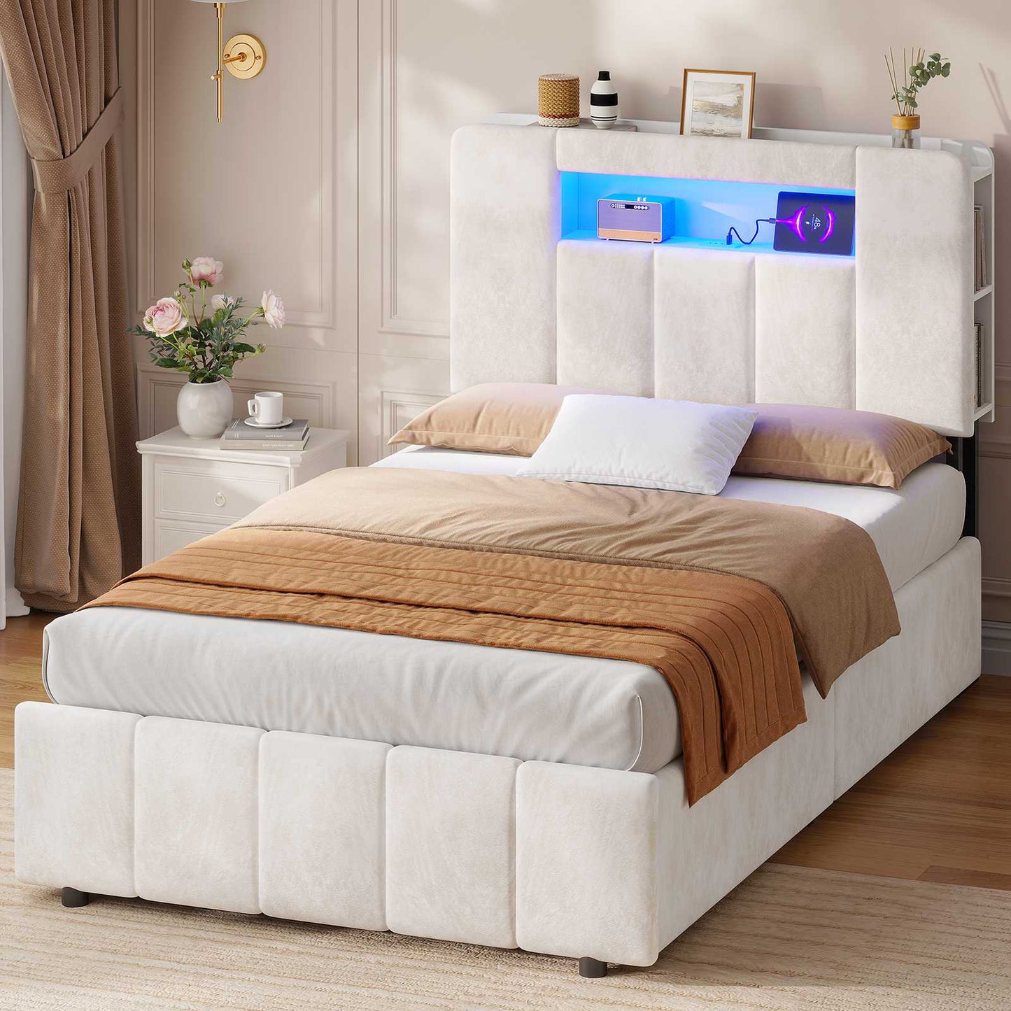 AOGLLATI Lit Coffre 90×200 avec Rangement HydrauliqueÉclairage LED et Multiprise Lit 1 Personne avec Tête de Lit à Rangement Capitonné en Velours Beige