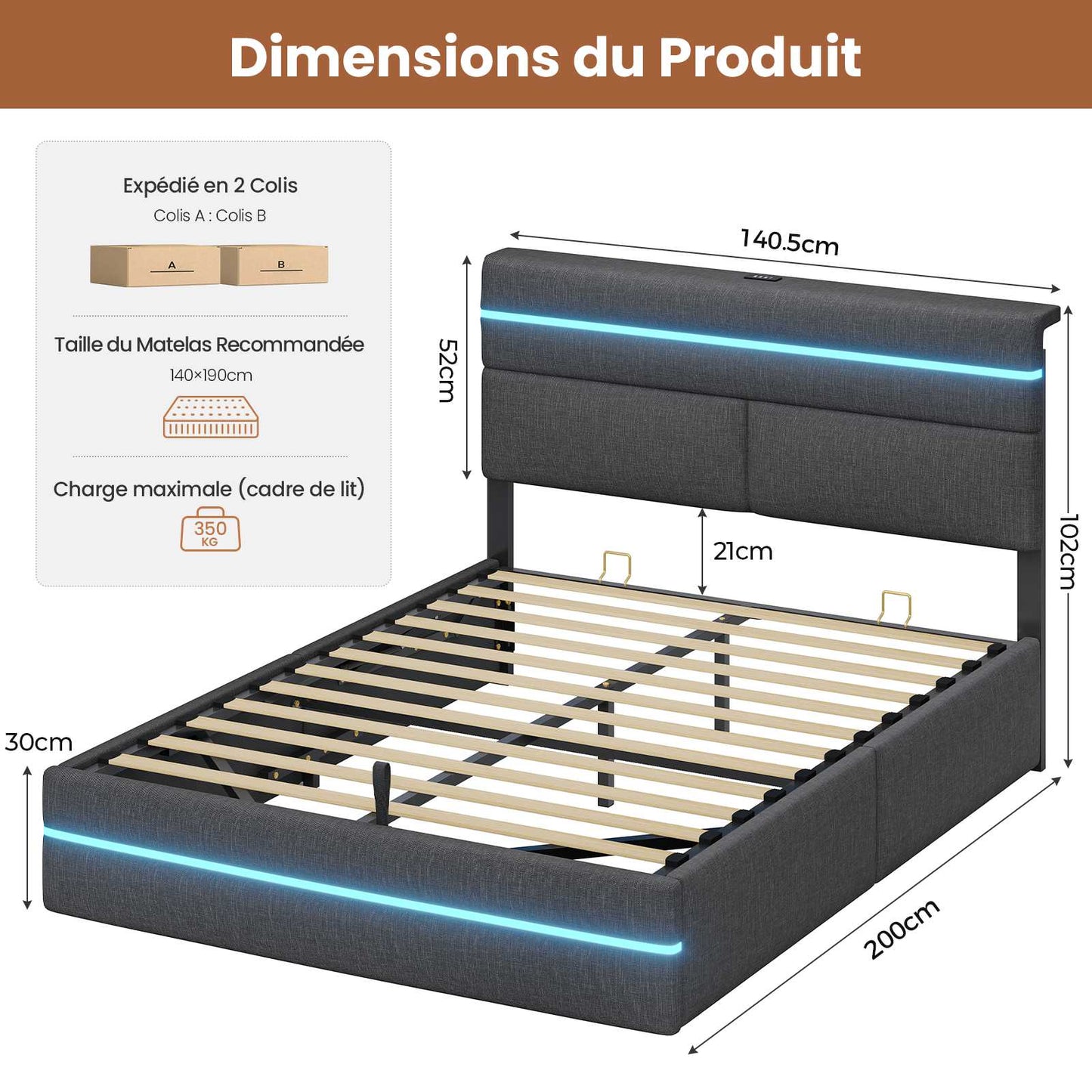 Lit double AOGLLATI 140 x 190 cm avec station de charge hydraulique et éclairage LED tête de lit rembourrée gris foncé