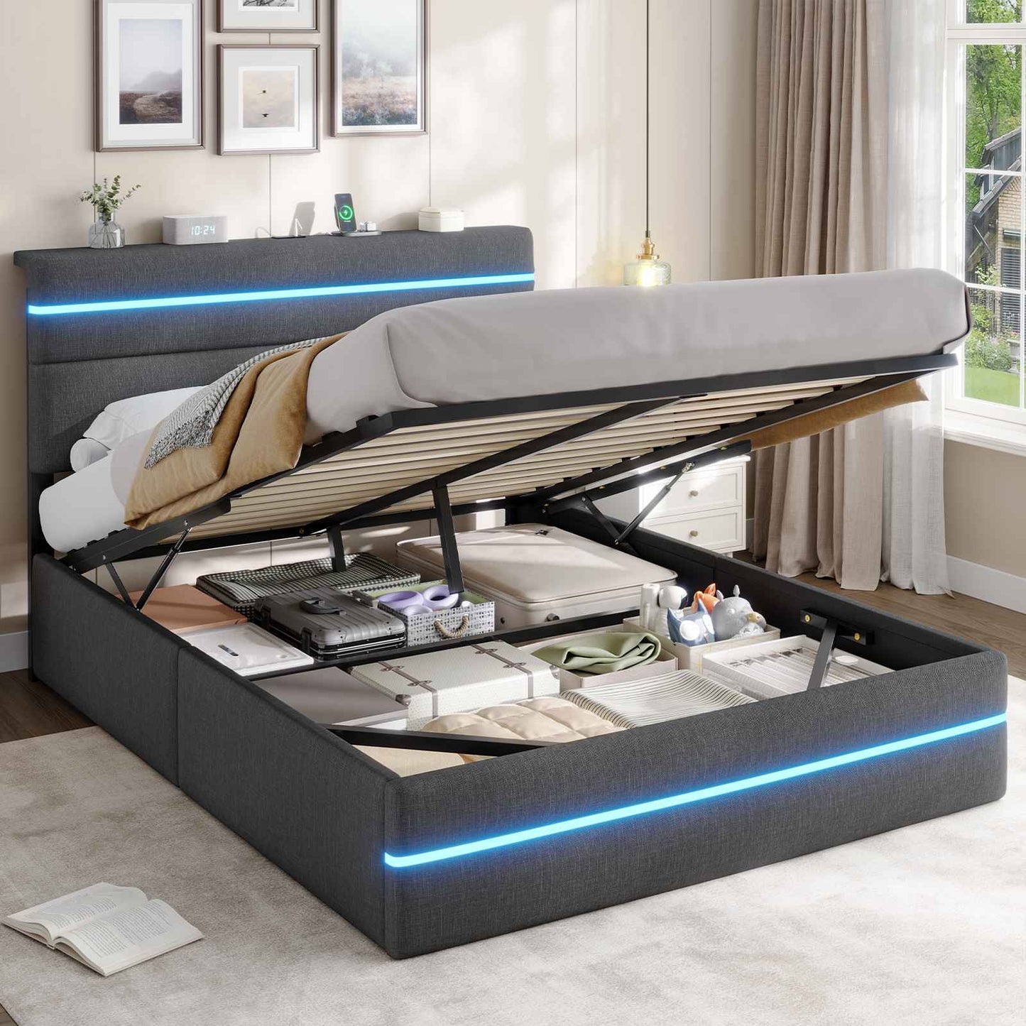 Lit double AOGLLATI 140 x 190 cm avec station de charge hydraulique et éclairage LED tête de lit rembourrée gris foncé