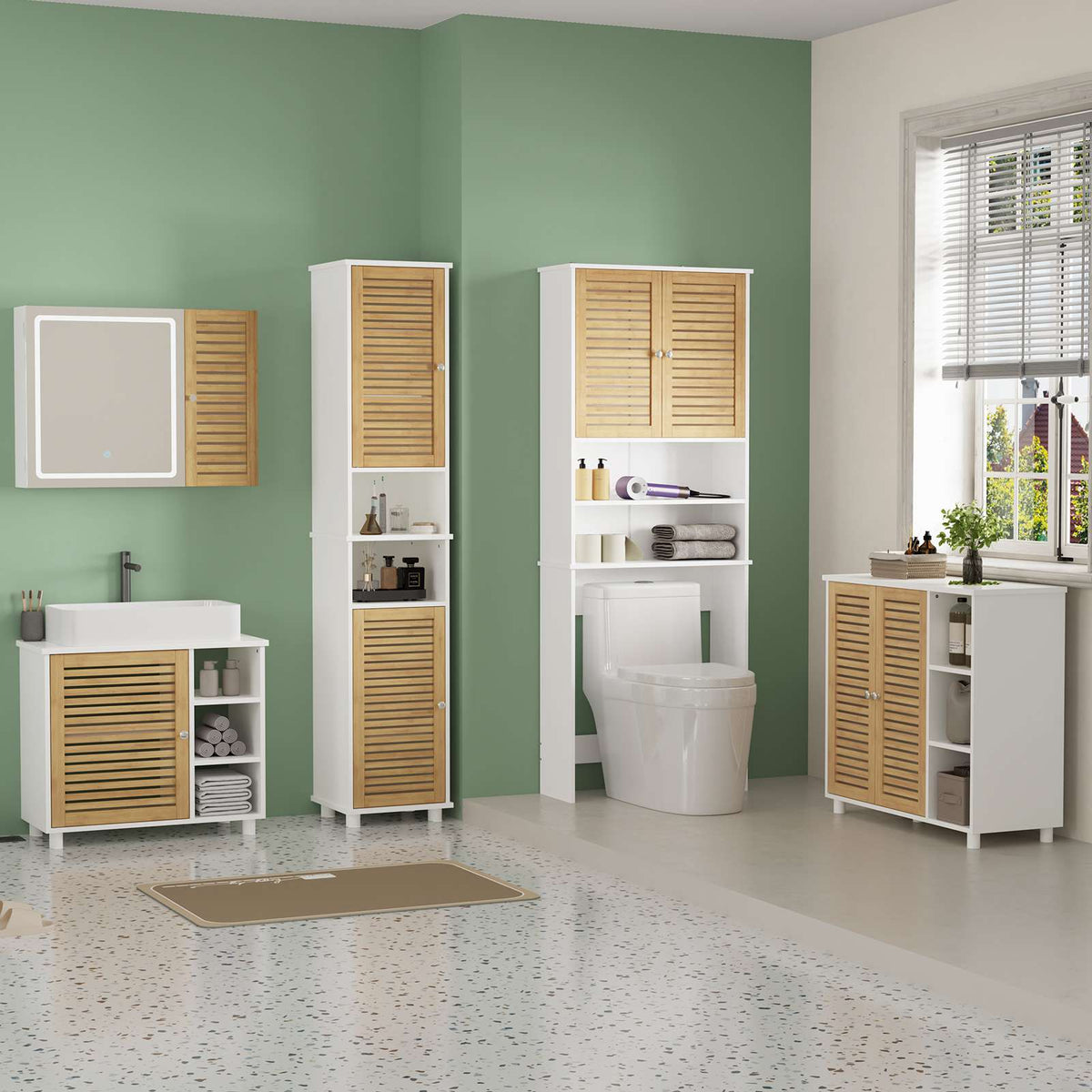 AOGLLATI Meuble pour lave-linge meuble sous-vasque avec 2 compartiments ouverts  doté de portes en bambou et d'étagères réglables Dimensions : 185.5 x 65 x 24 cm