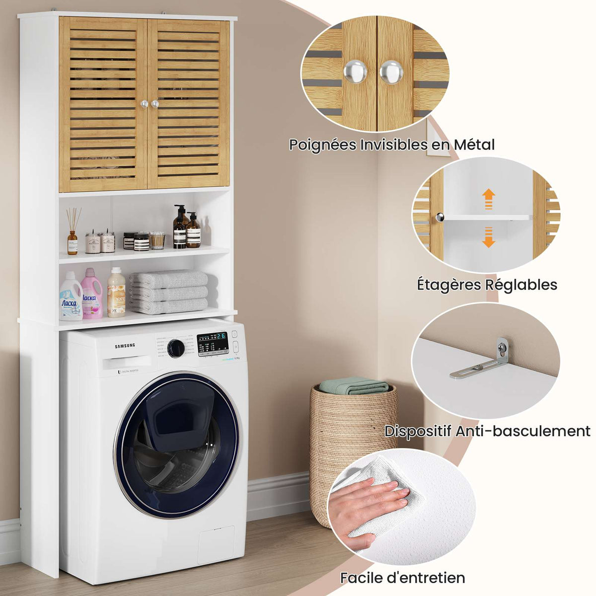 AOGLLATI Meuble pour lave-linge meuble sous-vasque avec 2 compartiments ouverts  doté de portes en bambou et d'étagères réglables Dimensions : 185.5 x 65 x 24 cm