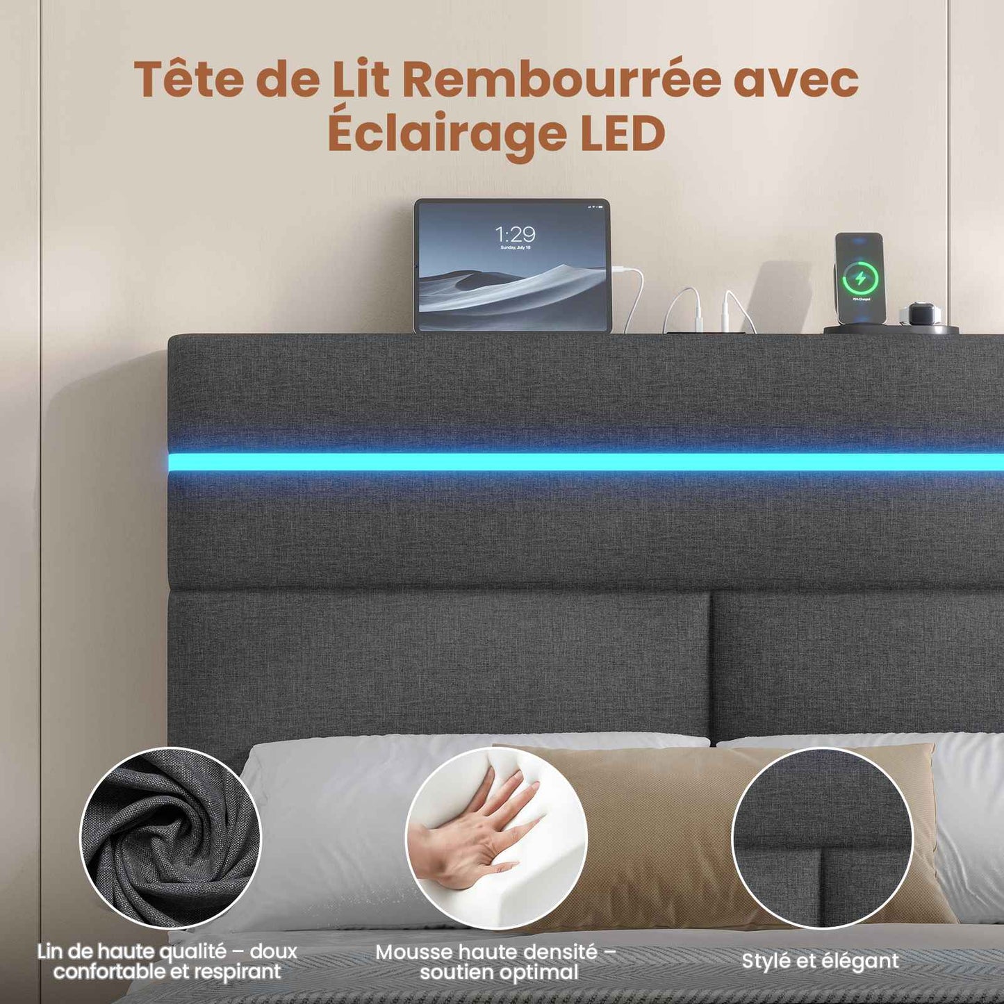 Lit double AOGLLATI 140 x 190 cm avec station de charge hydraulique et éclairage LED tête de lit rembourrée gris foncé