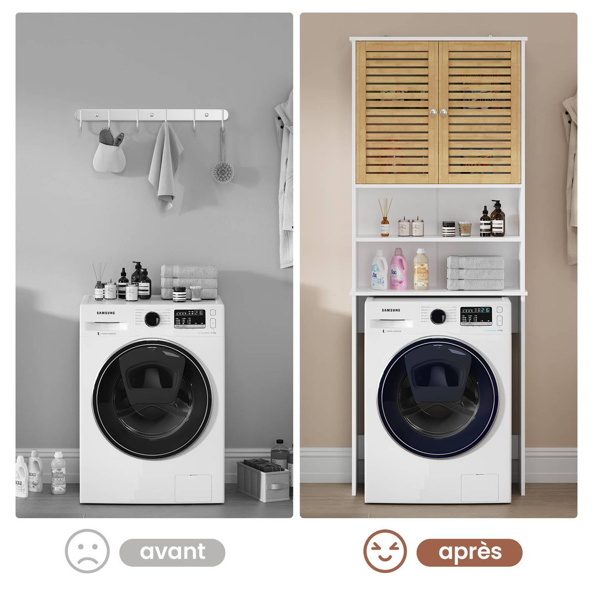 AOGLLATI Meuble pour lave-linge meuble sous-vasque avec 2 compartiments ouverts  doté de portes en bambou et d'étagères réglables Dimensions : 185.5 x 65 x 24 cm