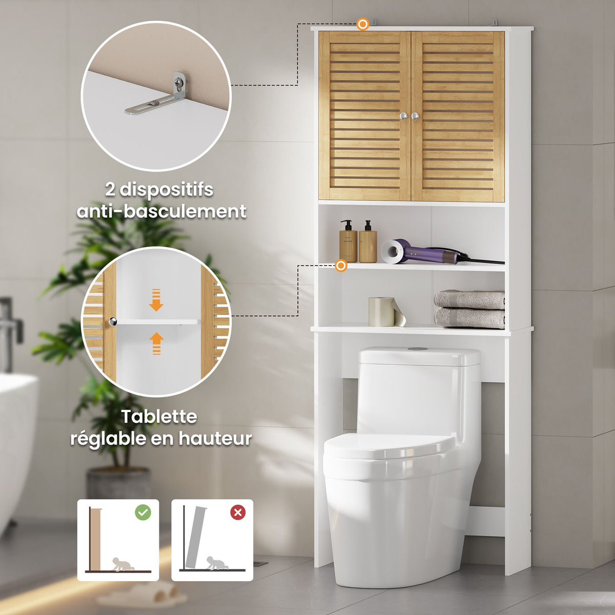 AOGLLATI Meuble pour lave-linge meuble sous-vasque avec 2 compartiments ouverts  doté de portes en bambou et d'étagères réglables Dimensions : 185.5 x 65 x 24 cm