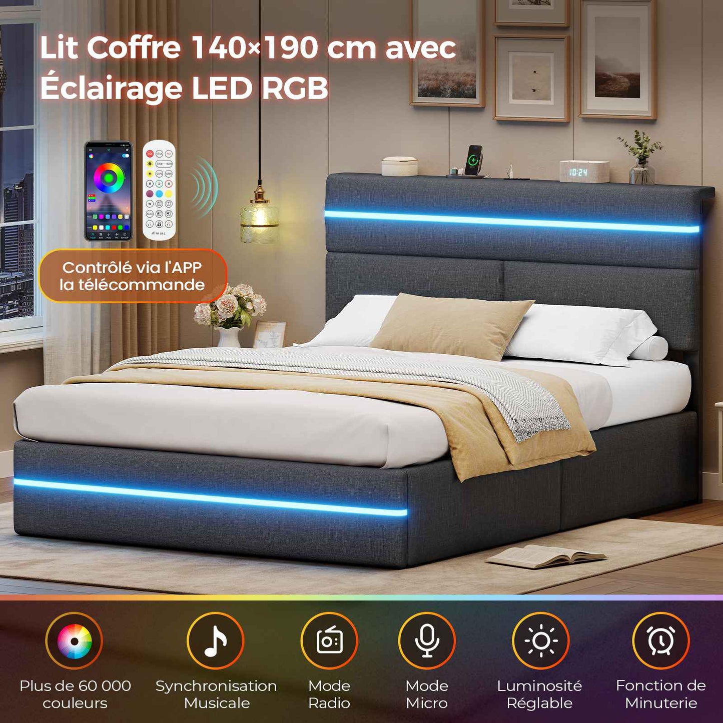 Lit double AOGLLATI 140 x 190 cm avec station de charge hydraulique et éclairage LED tête de lit rembourrée gris foncé