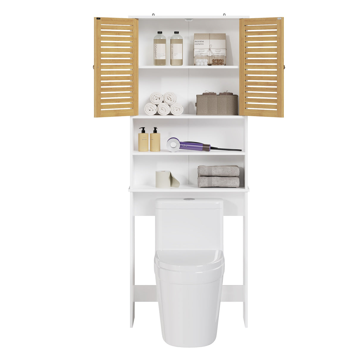 AOGLLATI Meuble pour lave-linge meuble sous-vasque avec 2 compartiments ouverts  doté de portes en bambou et d'étagères réglables Dimensions : 185.5 x 65 x 24 cm