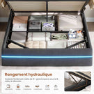 Lit double AOGLLATI 140 x 190 cm avec station de charge hydraulique et éclairage LED tête de lit rembourrée gris foncé
