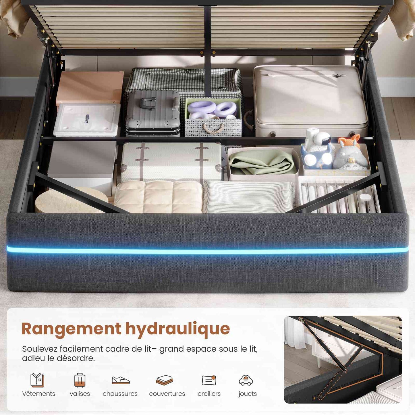 Lit double AOGLLATI 140 x 190 cm avec station de charge hydraulique et éclairage LED tête de lit rembourrée gris foncé