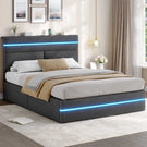 Lit double AOGLLATI 140 x 190 cm avec station de charge hydraulique et éclairage LED tête de lit rembourrée gris foncé
