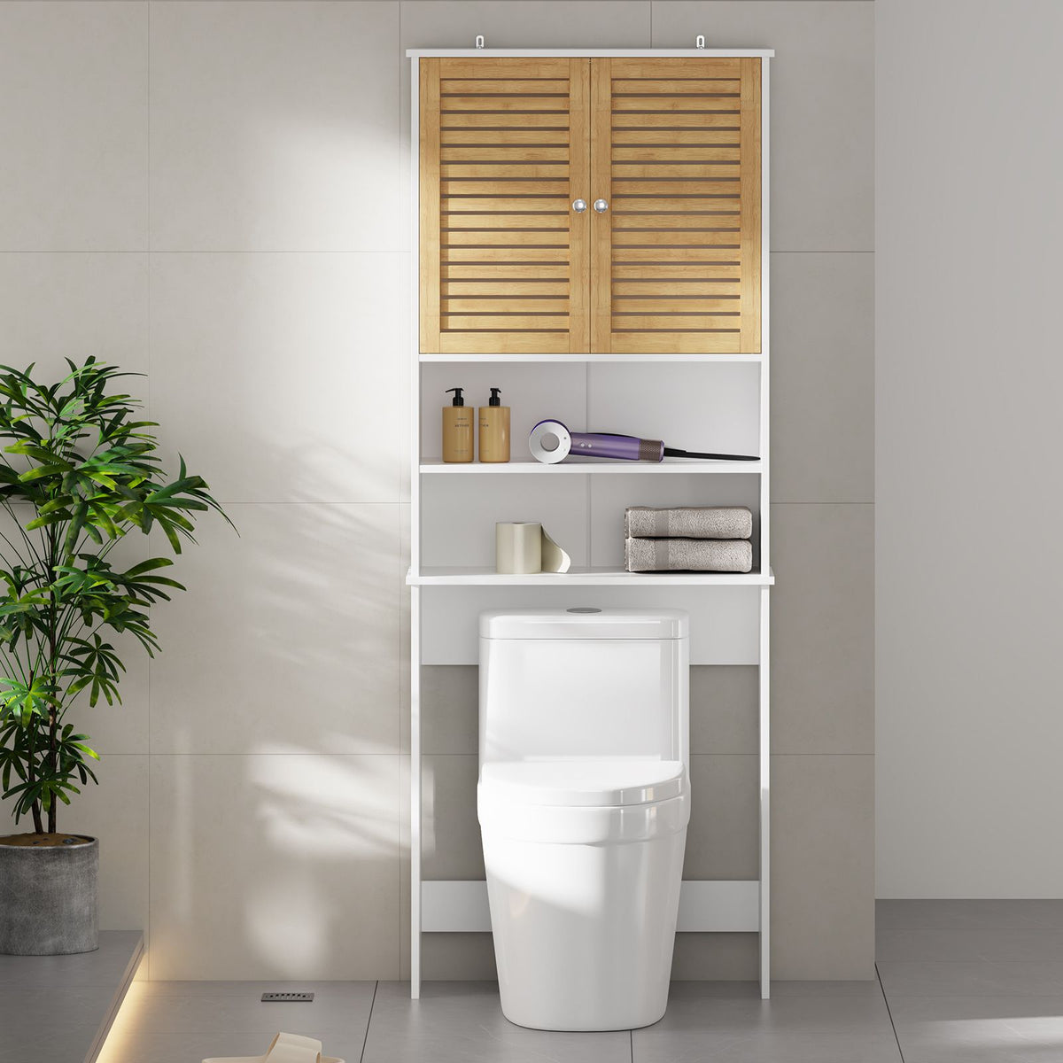 AOGLLATI Meuble pour lave-linge meuble sous-vasque avec 2 compartiments ouverts  doté de portes en bambou et d'étagères réglables Dimensions : 185.5 x 65 x 24 cm