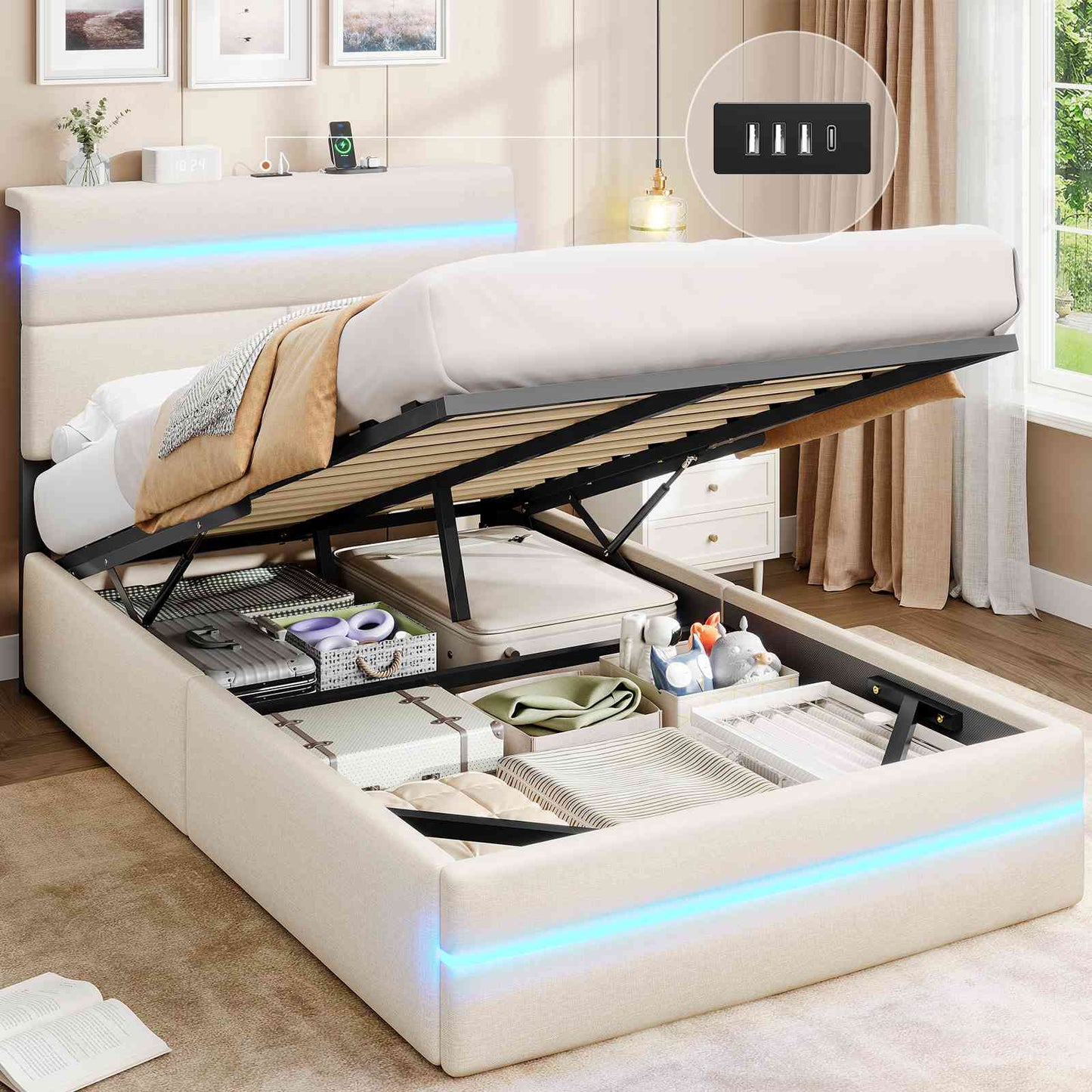 Lit double AOGLLATI 140 x 190 cm avec station de charge hydraulique et éclairage LED tête de lit rembourrée gris foncé