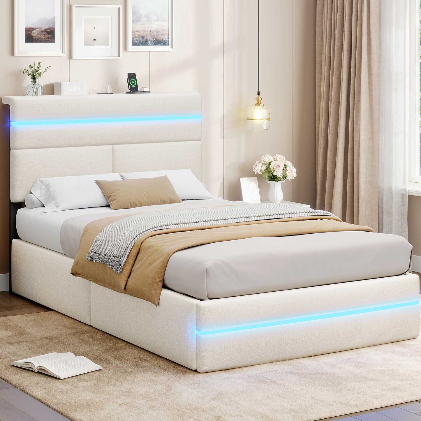 Lit double AOGLLATI 140 x 190 cm avec station de charge hydraulique et éclairage LED tête de lit rembourrée gris foncé