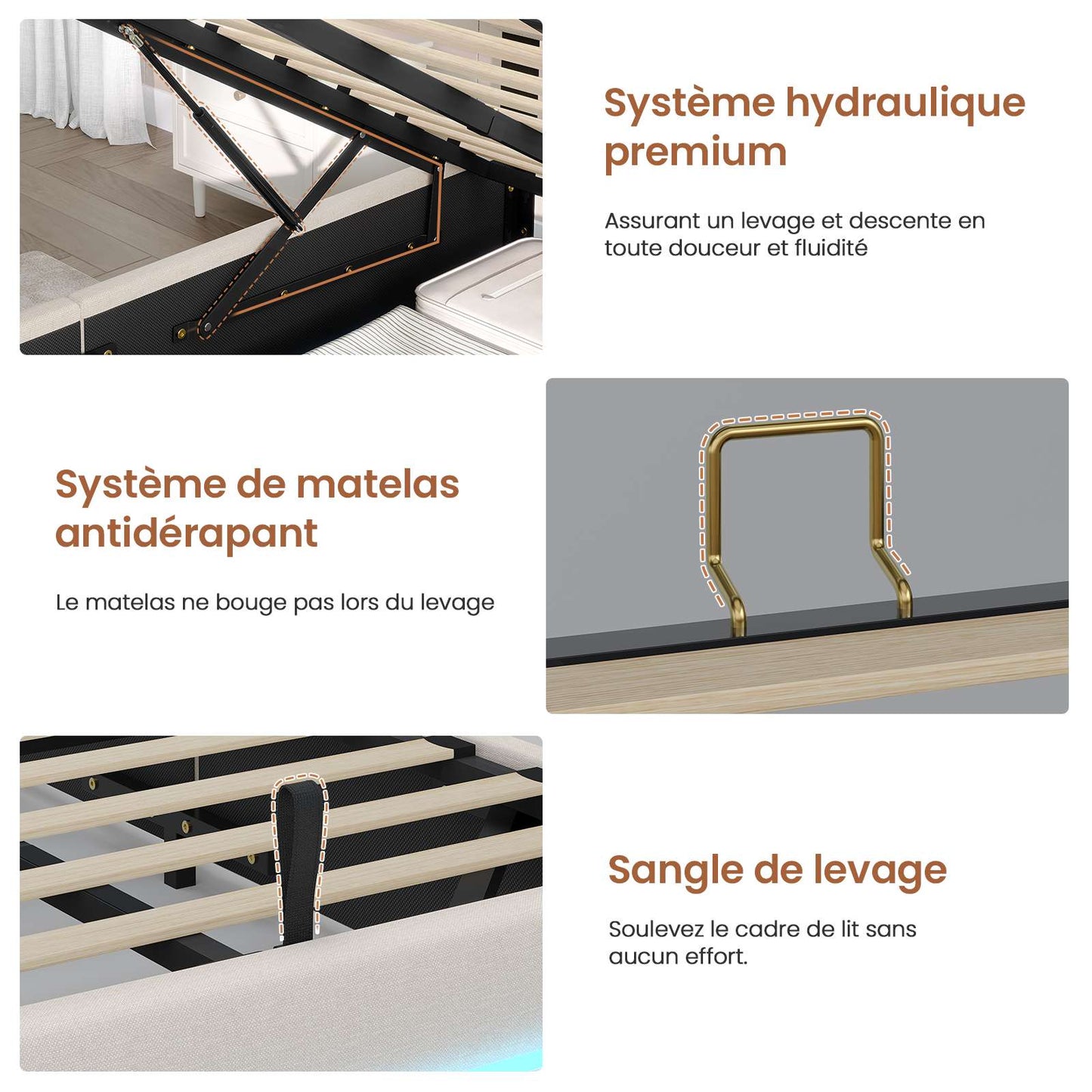 Lit double AOGLLATI 140 x 190 cm avec station de charge hydraulique et éclairage LED tête de lit rembourrée gris foncé