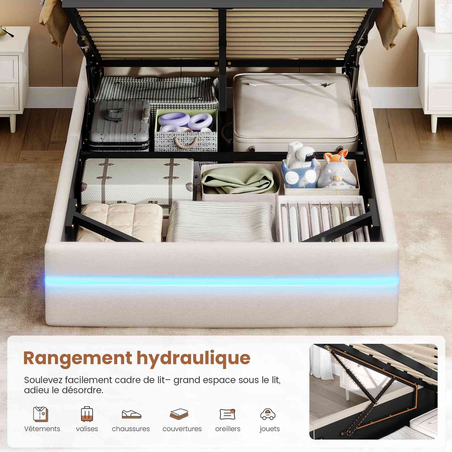 Lit double AOGLLATI 140 x 190 cm avec station de charge hydraulique et éclairage LED tête de lit rembourrée gris foncé