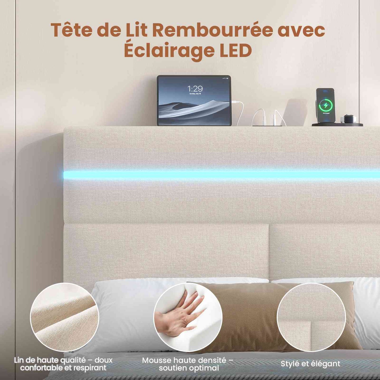 Lit double AOGLLATI 140 x 190 cm avec station de charge hydraulique et éclairage LED tête de lit rembourrée gris foncé