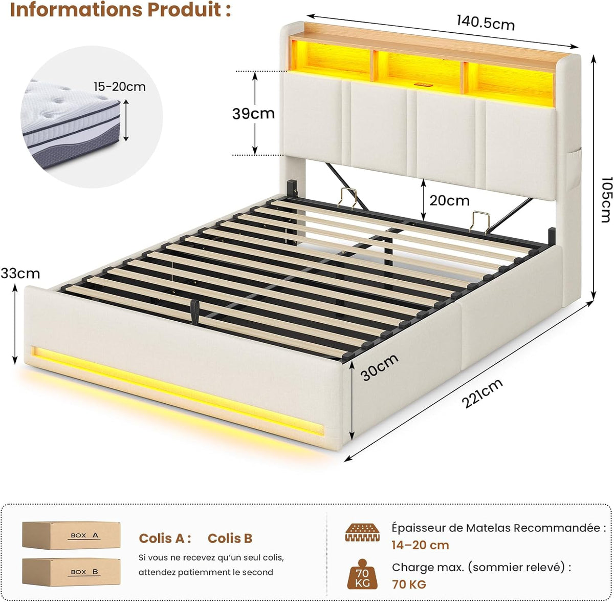AOGLLATI  140x200 Lit de stockage hydraulique avec lumière LED et prises électriques plusieurs espaces de stockage sans matelas housse de