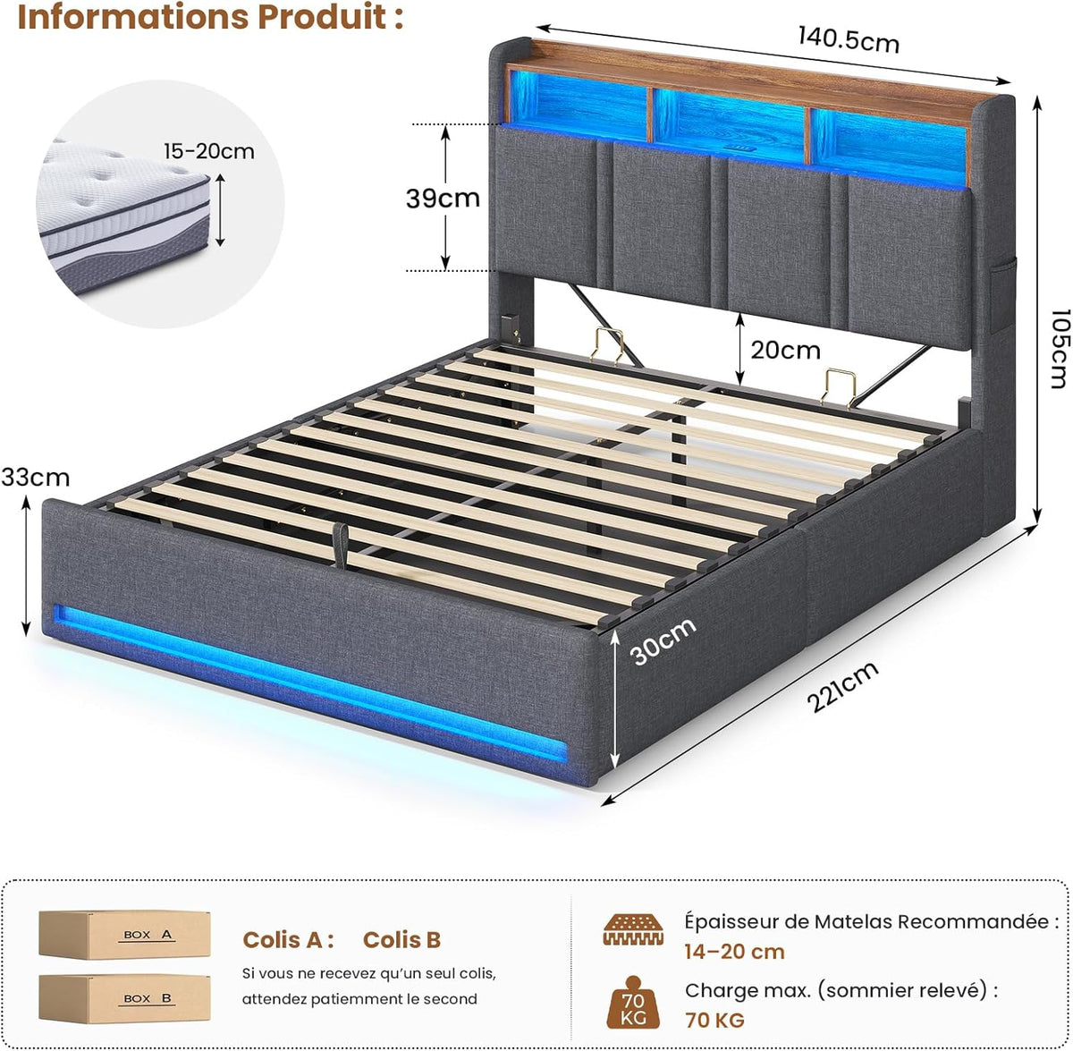 AOGLLATI  140x200 Lit de stockage hydraulique avec lumière LED et prises électriques plusieurs espaces de stockage sans matelas housse de