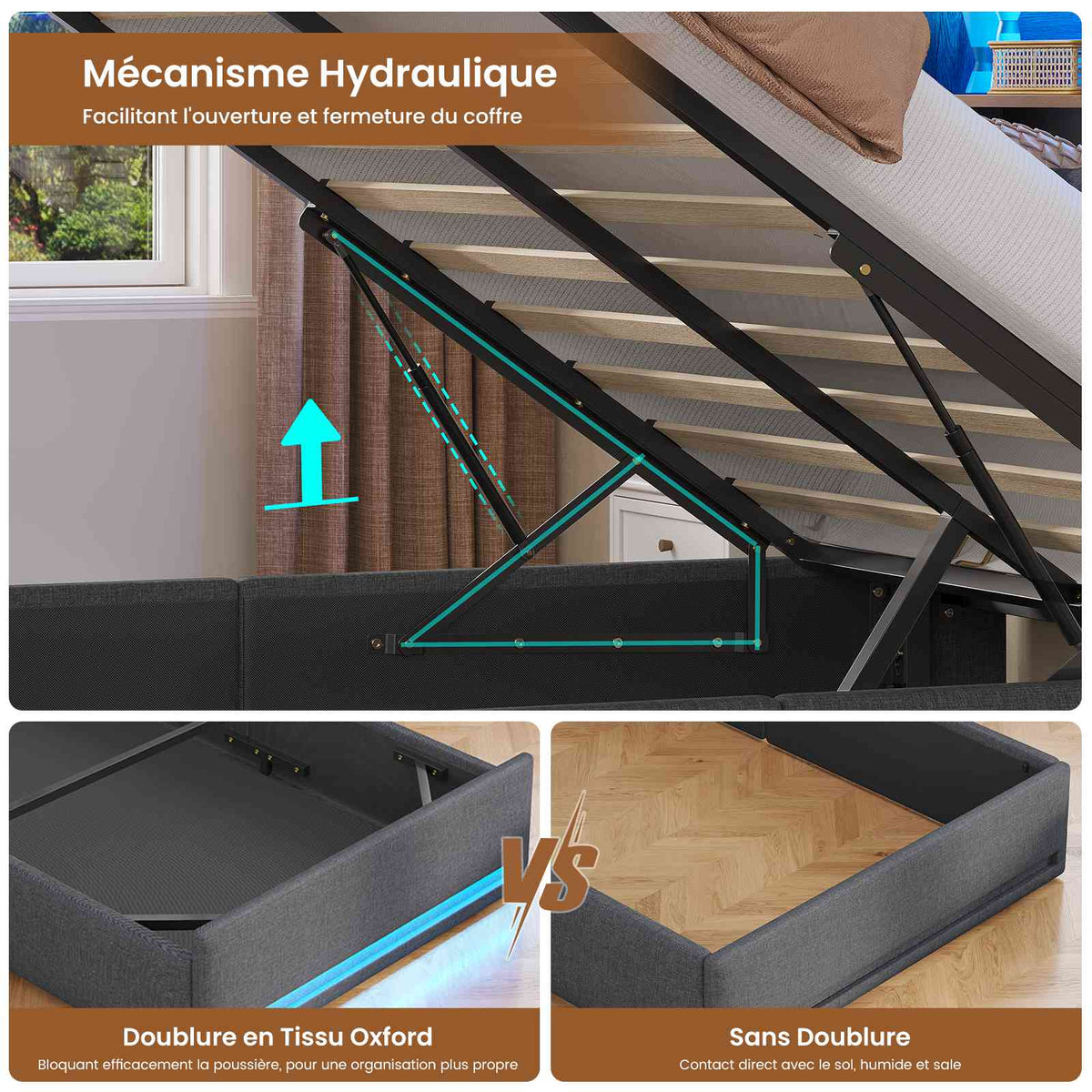 AOGLLATI  140x200 Lit de stockage hydraulique avec lumière LED et prises électriques plusieurs espaces de stockage sans matelas housse de