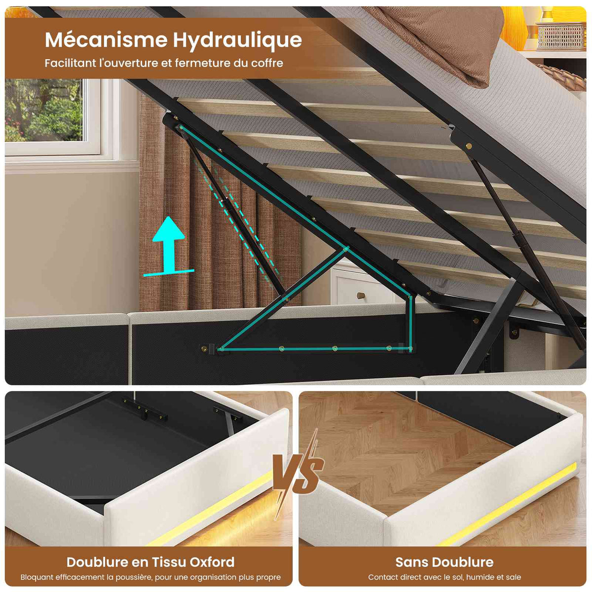 AOGLLATI  140x200 Lit de stockage hydraulique avec lumière LED et prises électriques plusieurs espaces de stockage sans matelas housse de