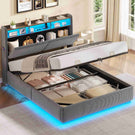 AOGLLATI Lit avec rangement 140 x 190 équipé d'un éclairage LED RGB de plusieurs prises électriques et de nombreux espaces de rangement lit double en velours côtelé beige