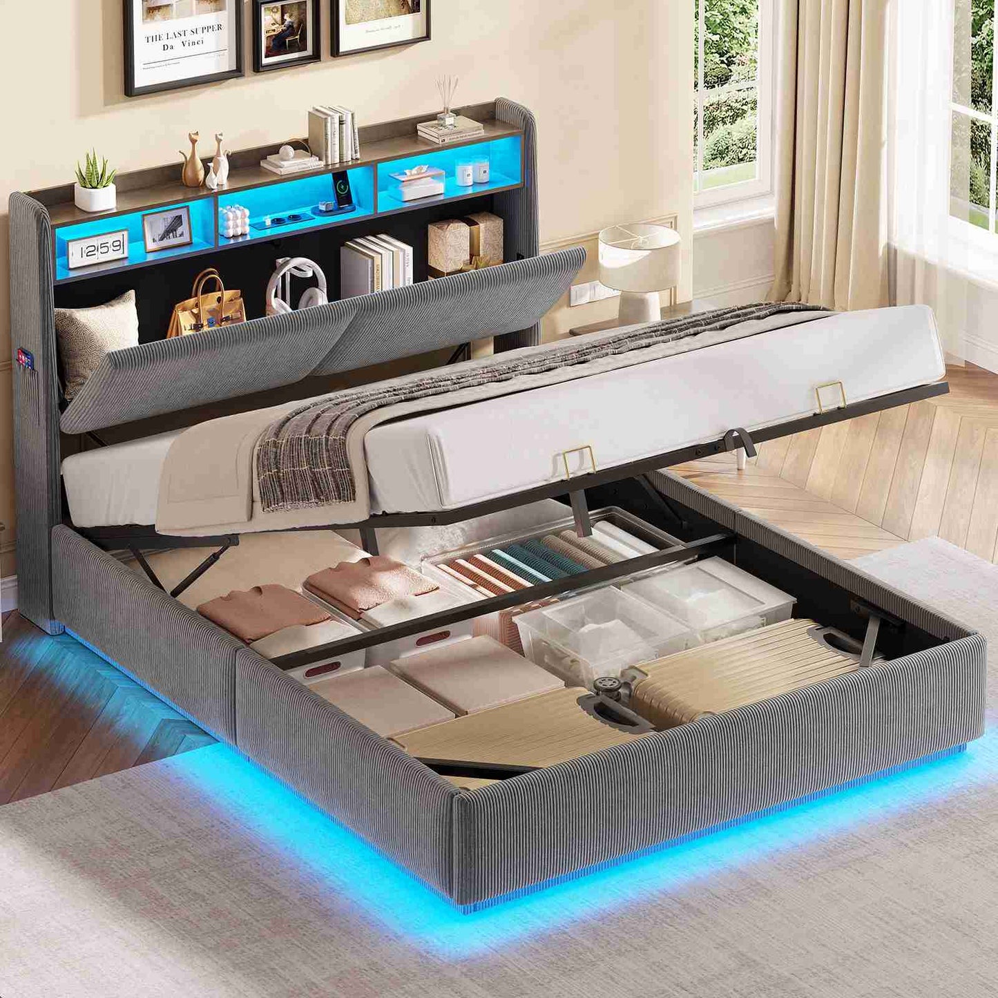 AOGLLATI Lit avec rangement 140 x 190 équipé d'un éclairage LED RGB de plusieurs prises électriques et de nombreux espaces de rangement lit double en velours côtelé beige