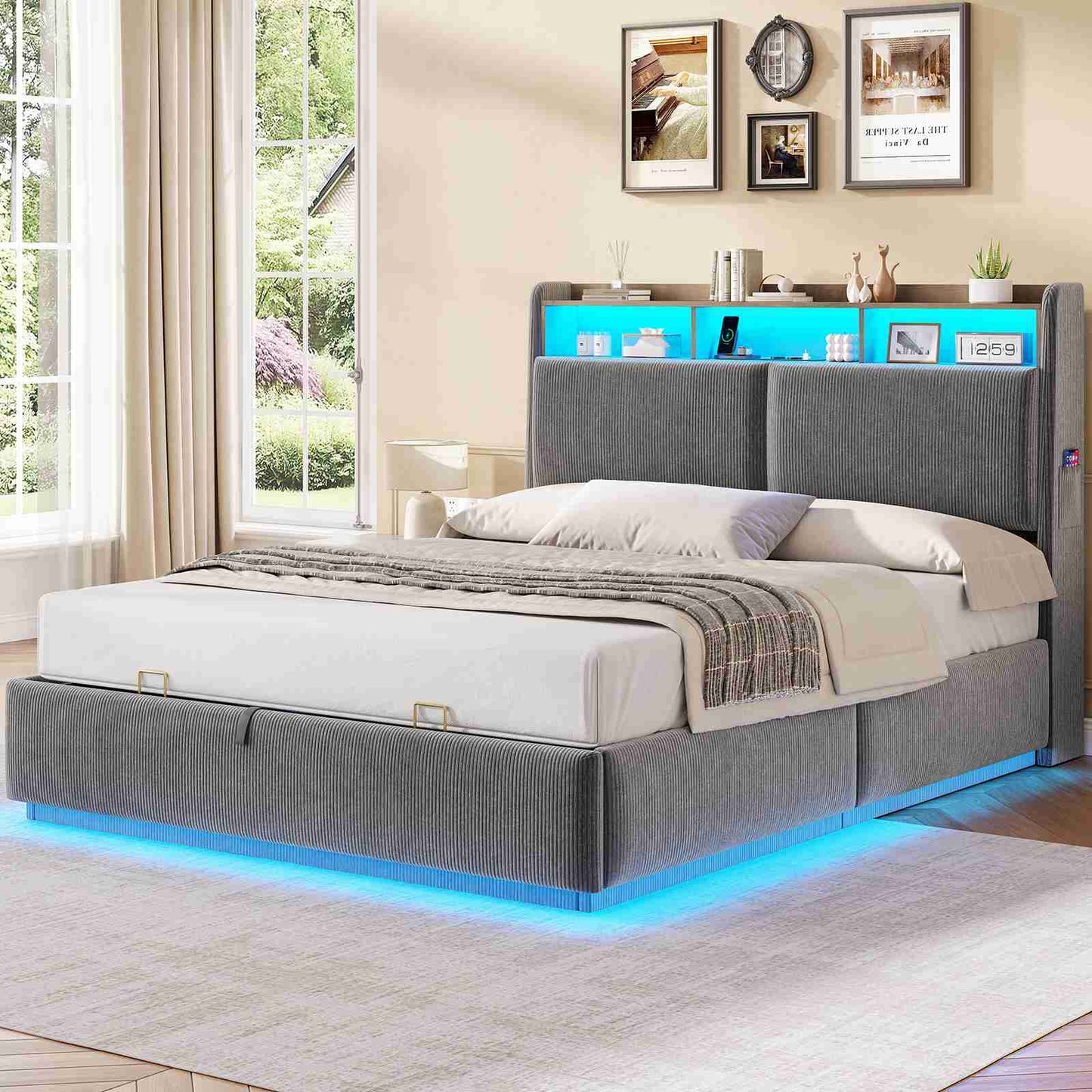 AOGLLATI Lit avec rangement 140 x 200 équipé d'un éclairage LED RGB de plusieurs prises électriques et de nombreux espaces de rangement lit double en velours côtelé beige