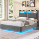 AOGLLATI Lit avec rangement 140 x 190 équipé d'un éclairage LED RGB de plusieurs prises électriques et de nombreux espaces de rangement lit double en velours côtelé beige