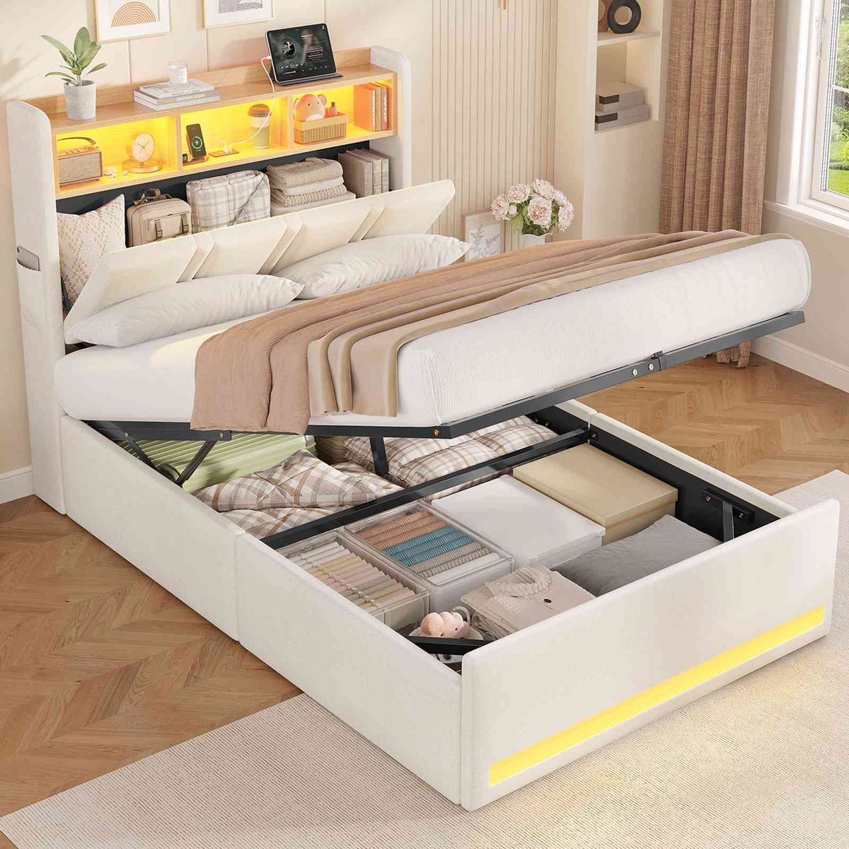 AOGLLATI  140x200 Lit de stockage hydraulique avec lumière LED et prises électriques plusieurs espaces de stockage sans matelas housse de