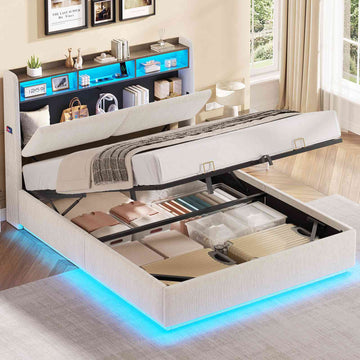 AOGLLATI Lit avec rangement 140 x 190 équipé d'un éclairage LED RGB de plusieurs prises électriques et de nombreux espaces de rangement lit double en velours côtelé beige