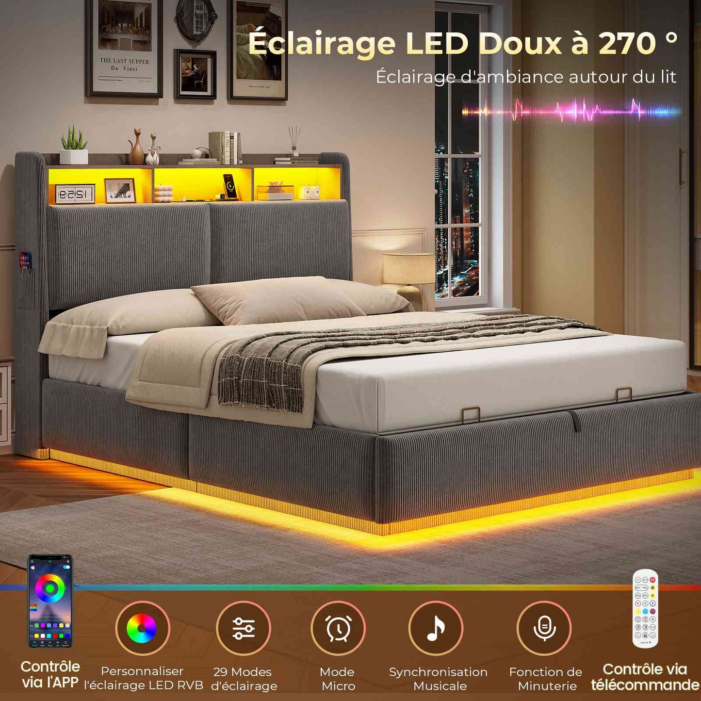 AOGLLATI Lit avec rangement 140 x 190 équipé d'un éclairage LED RGB de plusieurs prises électriques et de nombreux espaces de rangement lit double en velours côtelé beige