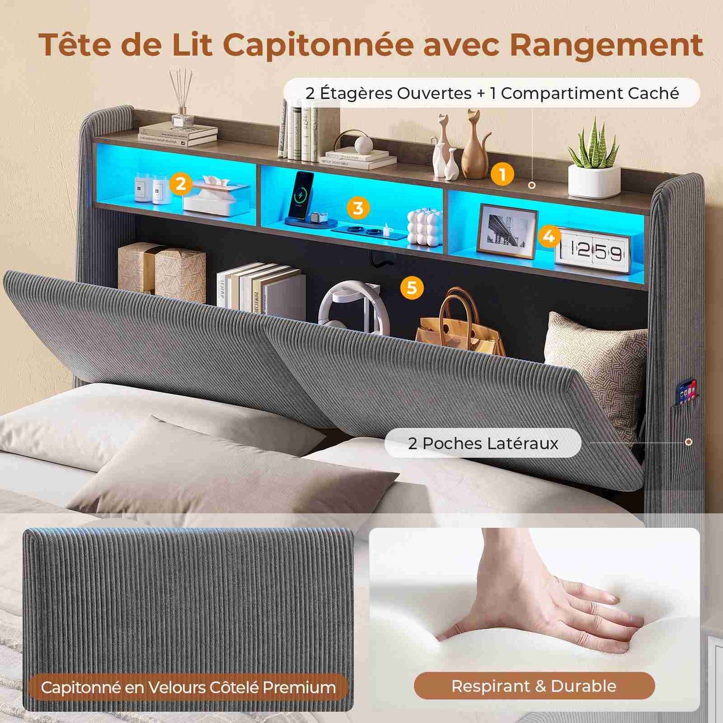 AOGLLATI Lit avec rangement 140 x 190 équipé d'un éclairage LED RGB de plusieurs prises électriques et de nombreux espaces de rangement lit double en velours côtelé beige
