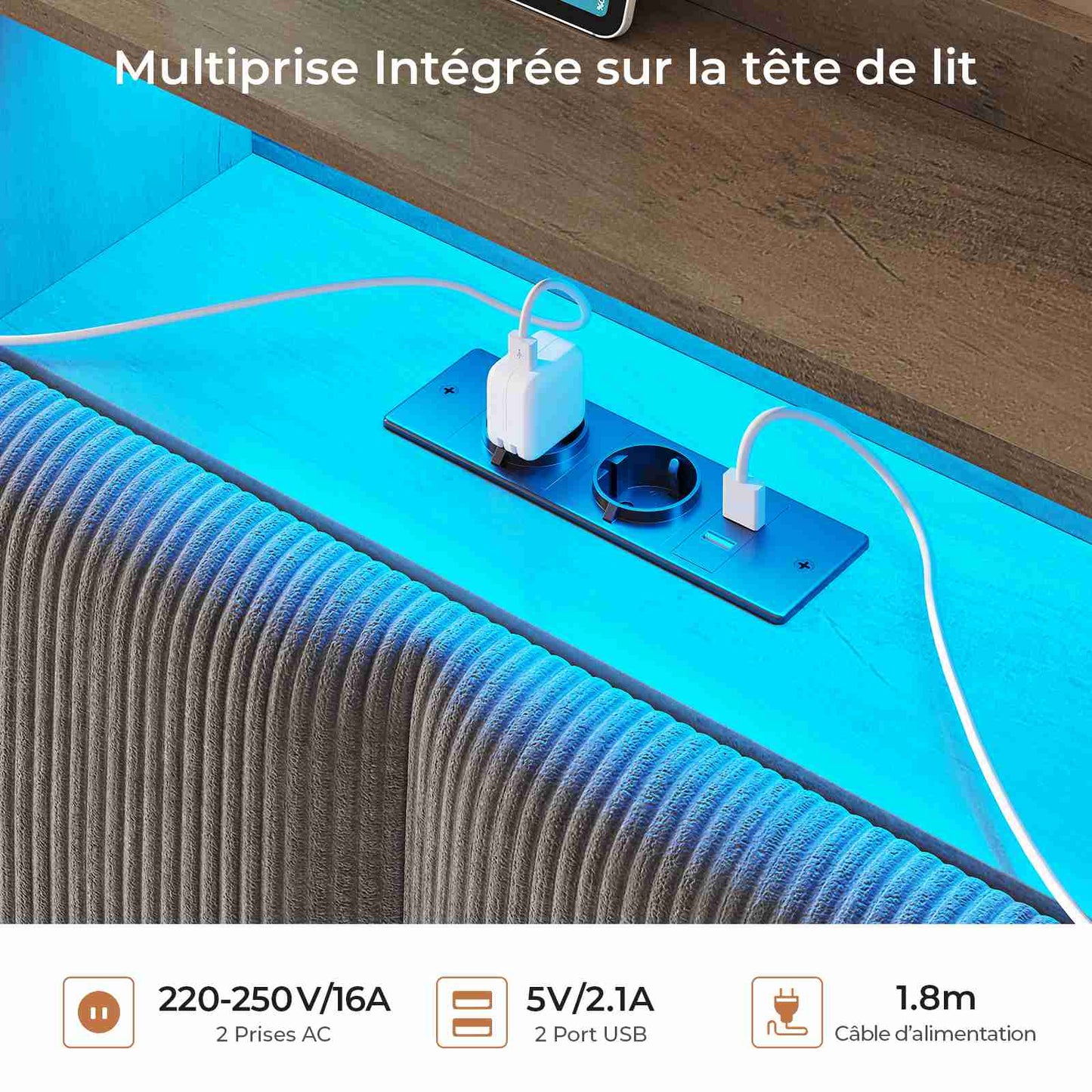 AOGLLATI Lit avec rangement 140 x 190 équipé d'un éclairage LED RGB de plusieurs prises électriques et de nombreux espaces de rangement lit double en velours côtelé beige