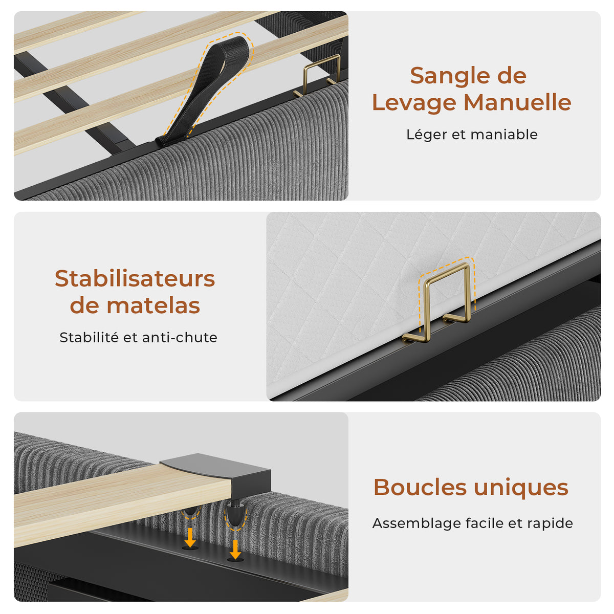 AOGLLATI Lit de 90 × 200 équipé d'un éclairage LED et de plusieurs prises électriques avec une tête de lit rembourrée et des espaces de rangement dissimulés lit d'enfant en velours côtelé blanc