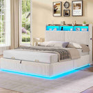 AOGLLATI Lit avec rangement 140 x 190 équipé d'un éclairage LED RGB de plusieurs prises électriques et de nombreux espaces de rangement lit double en velours côtelé beige
