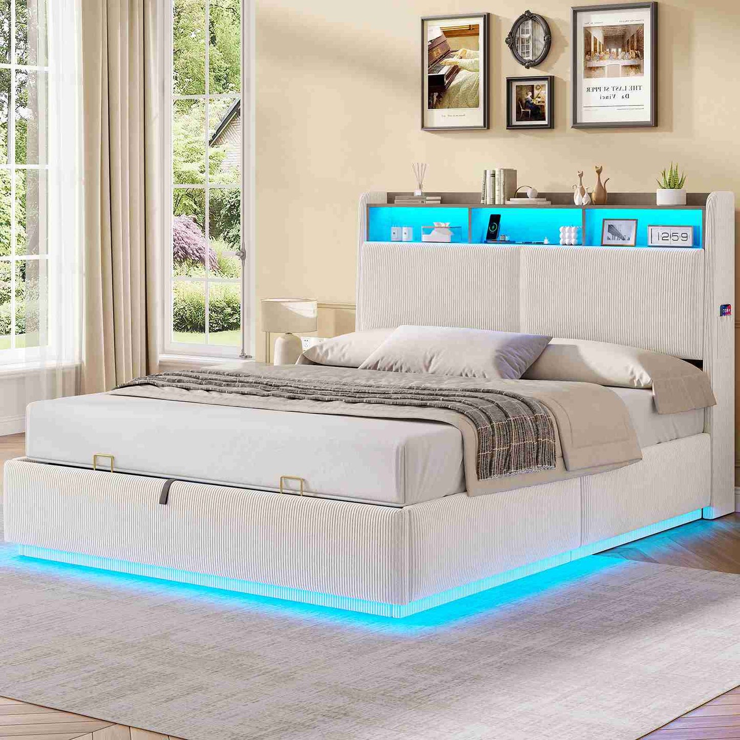 AOGLLATI Lit avec rangement 140 x 190 équipé d'un éclairage LED RGB de plusieurs prises électriques et de nombreux espaces de rangement lit double en velours côtelé beige